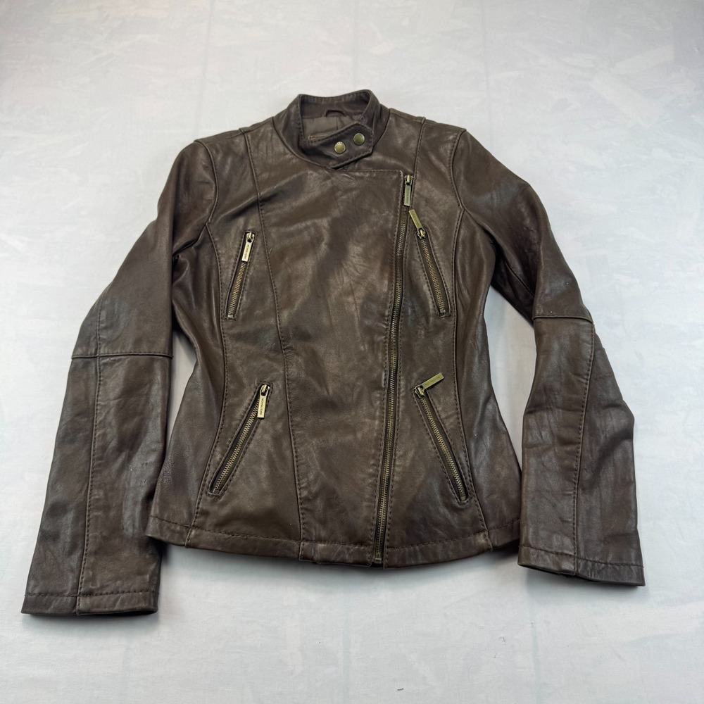 Michael Michael Kors Moto Biker Jacket Womens Small Brown Leather Asymmetric Zip